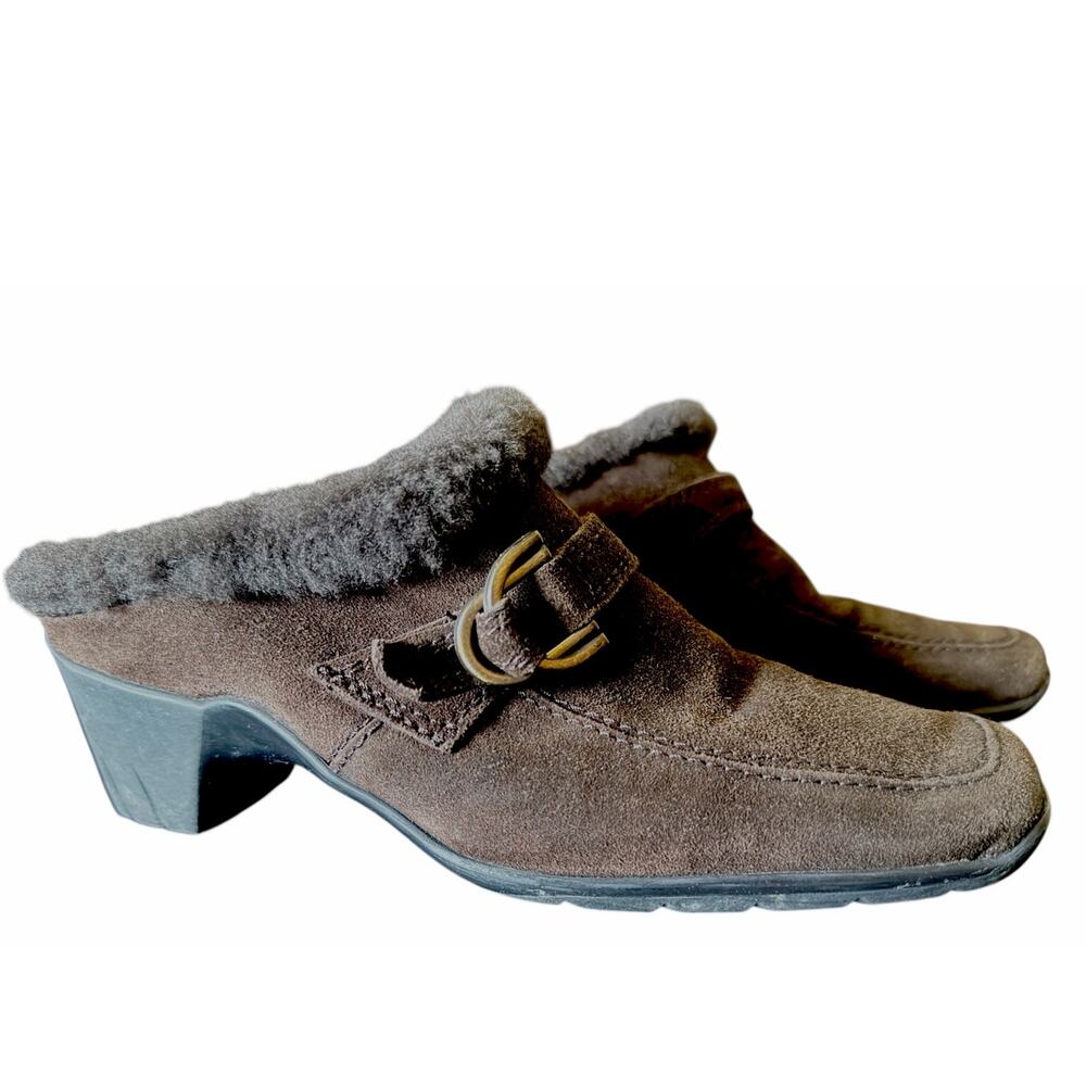 Aquatalia Suede Faux Fur Lined Square Toe Heeled Mules Sz 7 Brown Cozy Comfy Fun